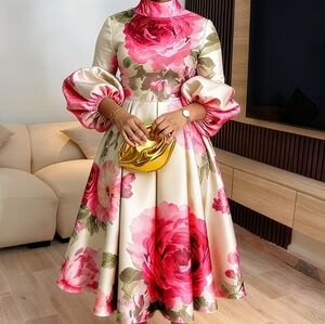 Floral Satin Fit-and-Flare Midi Dress in Pink and Cream